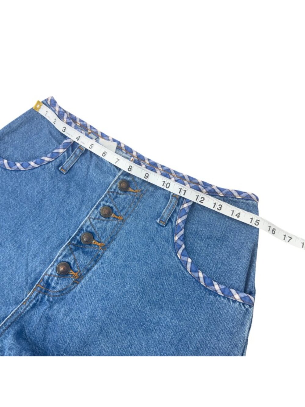 Vintage Retro High-Waisted Denim Shorts With Plaid Trim & Button Fly -Size 11/12 - Picture 5 of 11